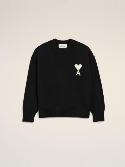 AMI Paris BLACK CREWNECK WOOL SWEATER WITH AMI DE COEUR
