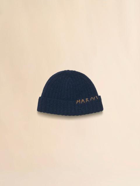 Marni DEEP BLUE RIBBED BEANIE WITH HAND-STITCHED LOGO