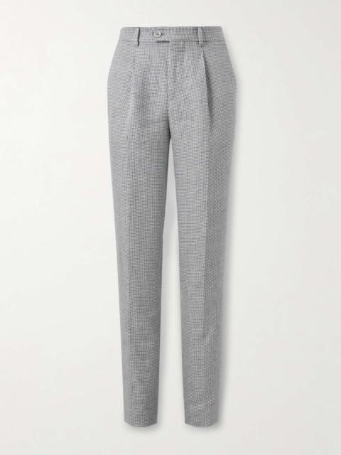 Straight-Leg Pleated Puppytooth Linen Suit Trousers