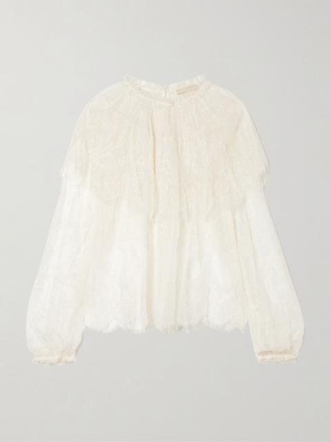 ULLA JOHNSON Viviane cape-effect ruffled Chantilly lace blouse White