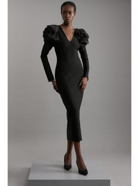 KAREN MILLEN Figure Form Bandage Knit Silk Ruffle Shoulder Detail Midaxi Dress