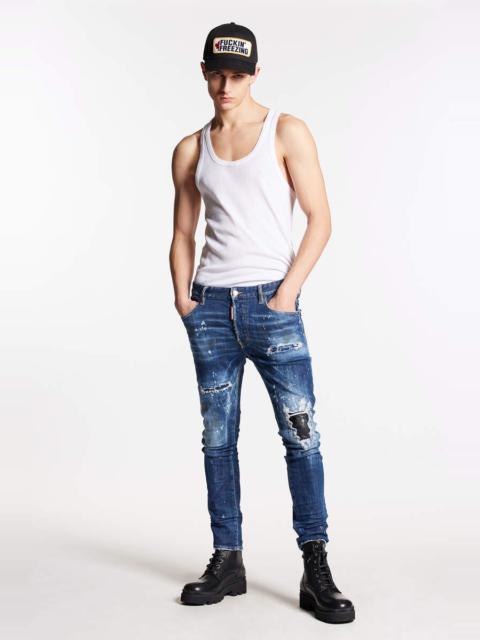 DSQUARED2 DARK RIPPED LEATHER PATCH WASH SUPER TWINKY JEANS