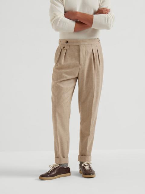Brunello Cucinelli Cashmere and silk houndstooth tailor fit trousers with double pleats and waist tabs