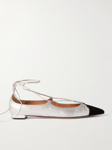 AQUAZZURA Gabi Lace-up Metallic Leather Point-toe Flats