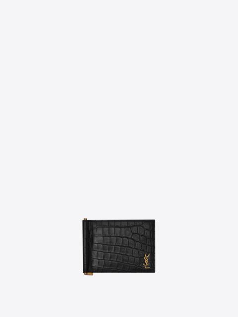 SAINT LAURENT tiny cassandre bill clip wallet in crocodile embossed matte leather