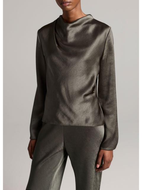 Vince Satin Draped Cowl-Neck Long-Sleeve Top