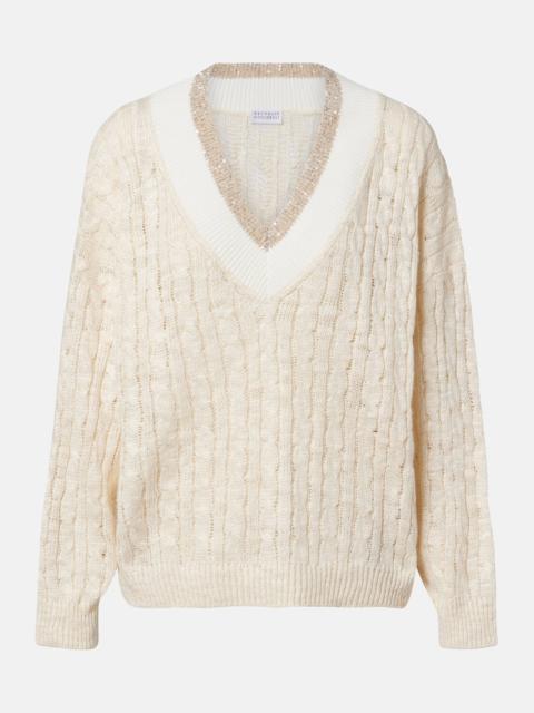 Brunello Cucinelli Cable-knit sequined hemp, silk, and cotton sweater