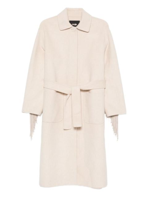 maje fringe-trimmed belted single-breasted coat