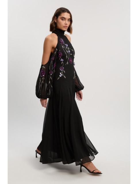 KAREN MILLEN Cold Shoulder 3D Floral Applique Woven Maxi Dress