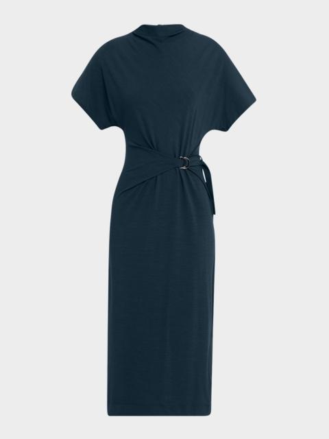 Drape Short-Sleeve Wool Jersey Midi Wrap Dress