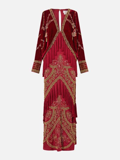 CAMILLA VELVET PLUNGE NECK DRAPED SHOULDER DRESS CALL ME A CARRIAGE