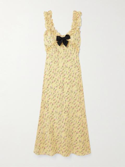Alessandra Rich Bow-detailed Ruffled Floral-print Silk Crepe De Chine Midi Dress