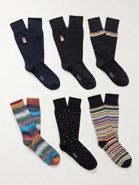 Paul Smith Pack of Six Embroidered Striped Cotton-Blend Socks