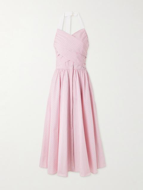 PATOU Draped Striped Cotton-poplin Halterneck Midi Dress