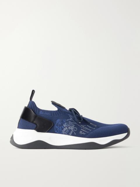 Berluti Shadow Logo-Embroidered Leather-Trimmed Stretch-Knit Sneakers