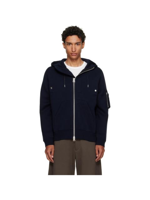 sacai Navy Cotton Cashmere Knit Hoodie