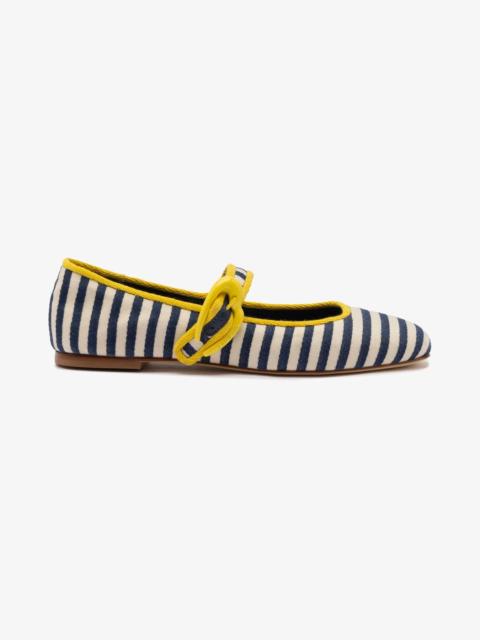 Larroudé Verona Ballet Flat In Navy and Natural Striped Fabric and Lemonade Trimming