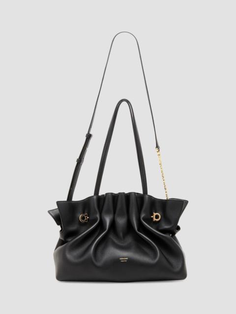 FERRAGAMO Women's Medium Gancio Piercing Gathered Leather Shoulder Bag - Nero