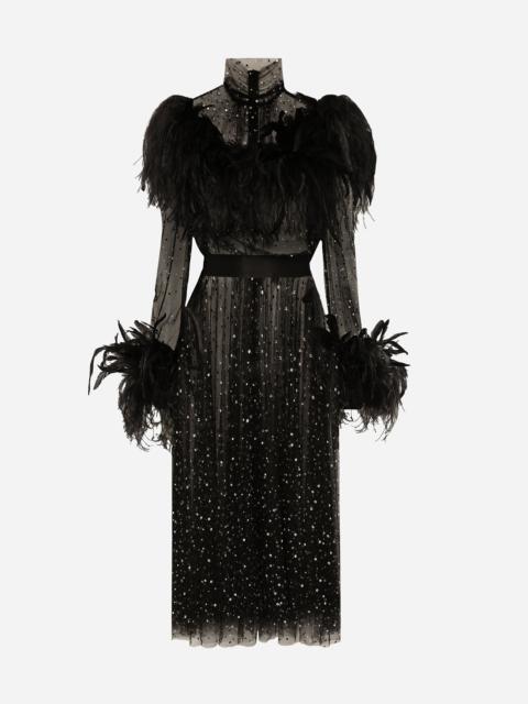 Calf-length stretch tulle dress with fusible rhinestones and rooster and ostrich feather embellishme