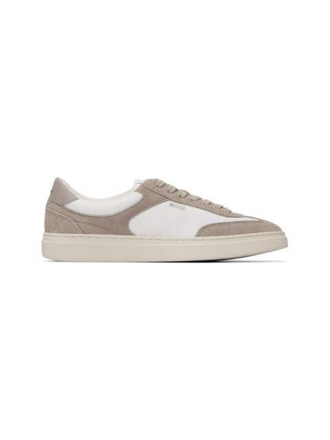 BOSS White & Taupe Suede Trims Lace-Up Sneakers