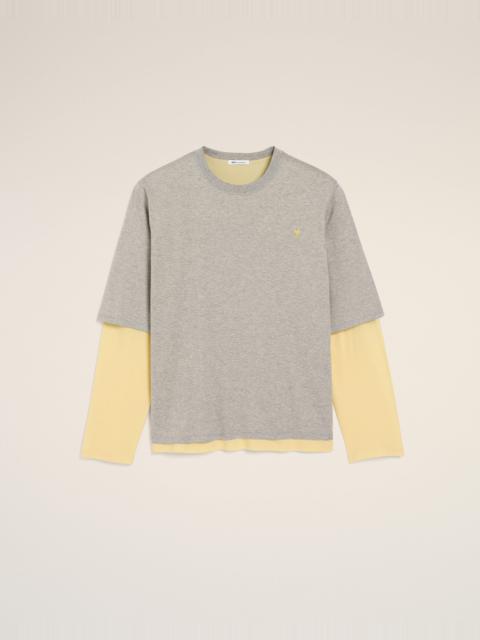 AMI Paris GREY COTTON DOUBLE-SLEEVE EFFECT AMI DE COEUR T-SHIRT