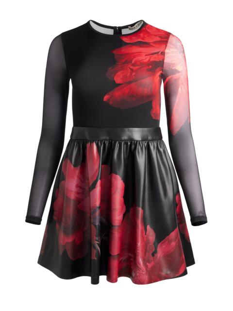 Alice + Olivia CHARA VEGAN LEATHER CREW NECK LONG SLEEVE GATHERED DRESS