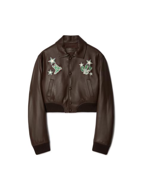 Off-White Chocolate Leather Cropped Varsity Jacket