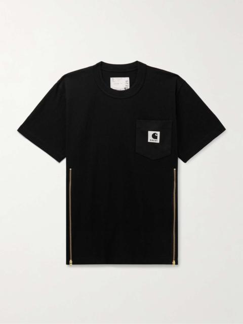 sacai + Carhartt WIP Zip-Detailed Logo-Appliquéd Canvas-Trimmed Cotton-Jersey T-Shirt
