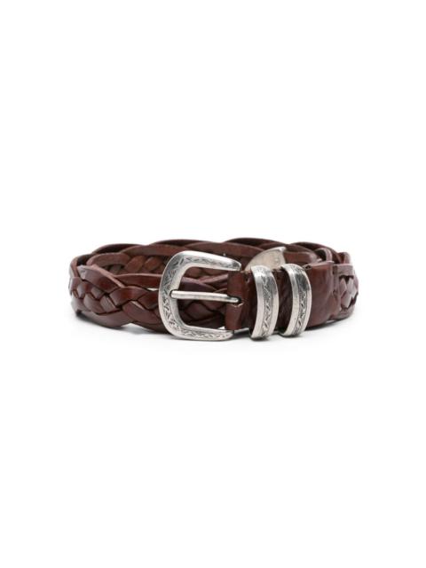 engraved-buckle braided leather belt