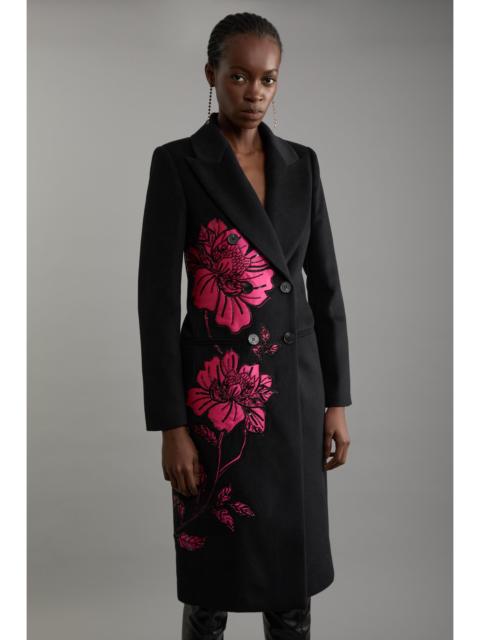 KAREN MILLEN Wool Blend Satin Applique Embellished Double Breasted Tailored Midi Coat