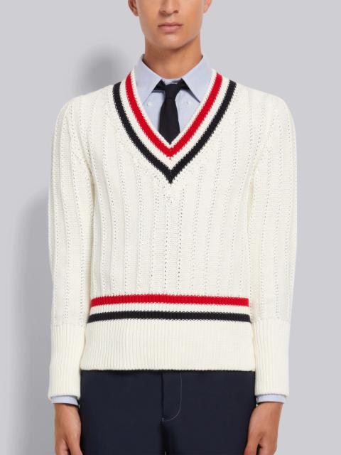 Thom Browne White Cotton Stripe Trim Cable Knit V-Neck Pullover