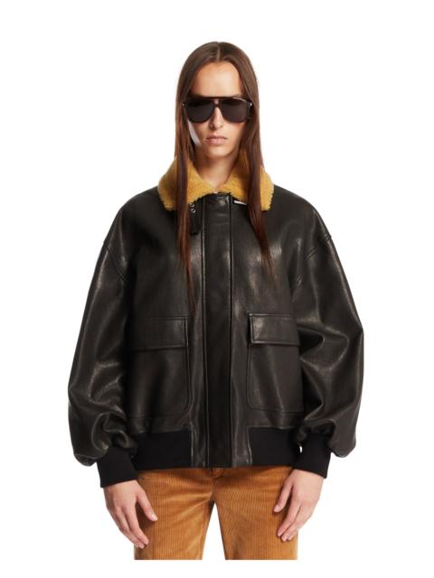 KHAITE Black Leather Bomber Jacket