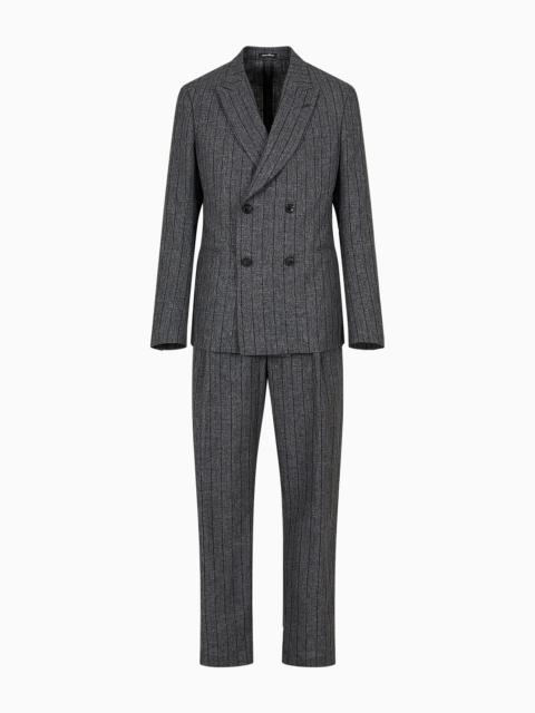 Modern-fit double-breasted suit in a mouliné linen blend with pinstripes