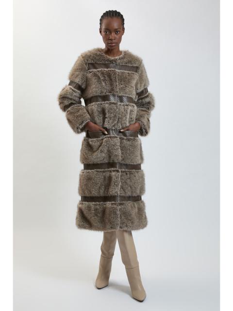 KAREN MILLEN Faux Fur & Faux Leather Multi Texture Midi Coat