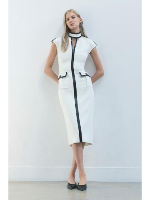 KAREN MILLEN Compact Stetch & PU Turn Lock High Neck Tailored Midi Dress