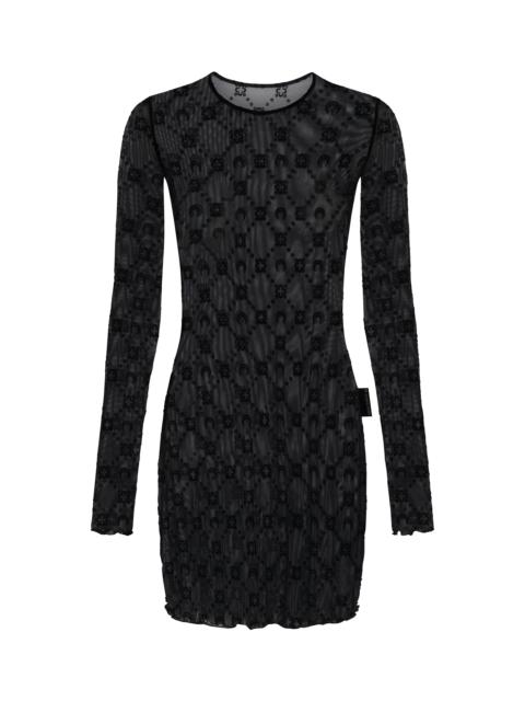 Marine Serre MOONOGRAM MESH FLOCK LONG SLEEVES MIDI CREWNECK DRESS