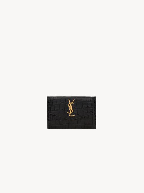 SAINT LAURENT UPTOWN FLAP CARD CASE IN CROCODILE-EMBOSSED SHINY LEATHER