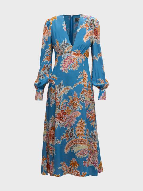 V-Neck Floral-Print Long-Sleeve Slit-Hem Cady Midi Dress