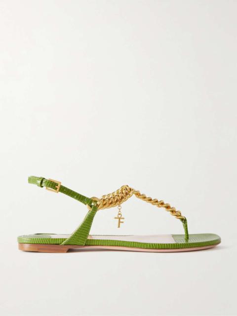 Zenith chain-embellished lizard-effect leather slingback sandals