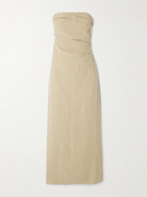 TOVE Sabella Strapless Gathered Linen Midi Dress