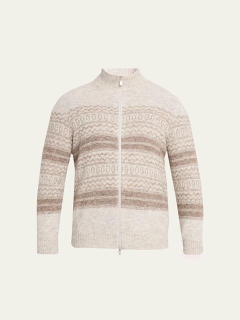 Brunello Cucinelli Men's Geometric Stripe Full-Zip Cardigan