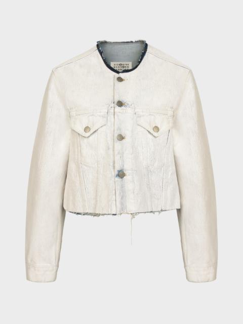 Cropped Collarless Denim Jacket