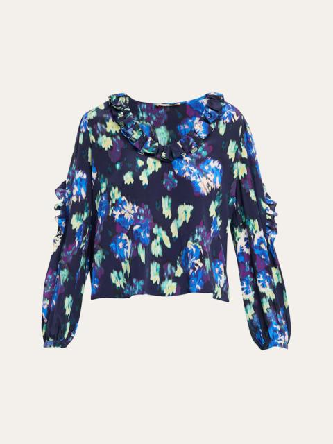 ULLA JOHNSON Marguerite Floral Silk Long-Sleeve Blouse