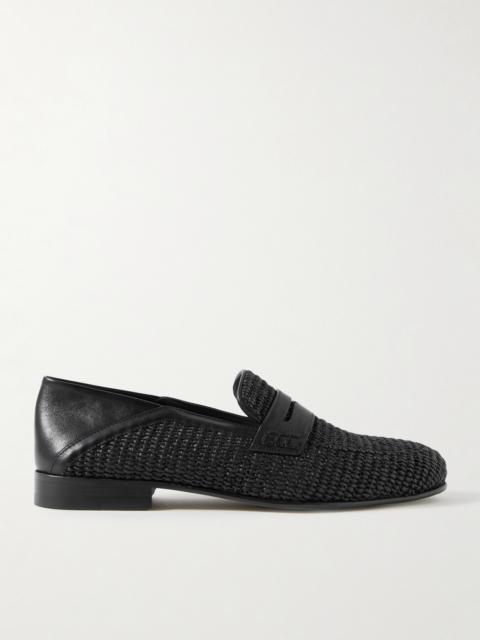 Manolo Blahnik Padstow Collapsible-Heel Leather-Trimmed Raffia Loafers