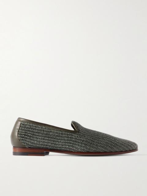 Manolo Blahnik Mario Leather-Trimmed Raffia Loafers Dark green