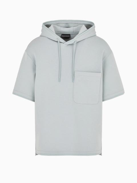 Short-sleeved double-jersey hooded sweatshirt with a patch pocket