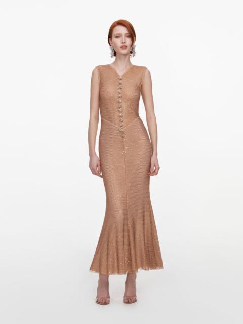 self-portrait Champagne Rhinestone Fishnet Midi Dress