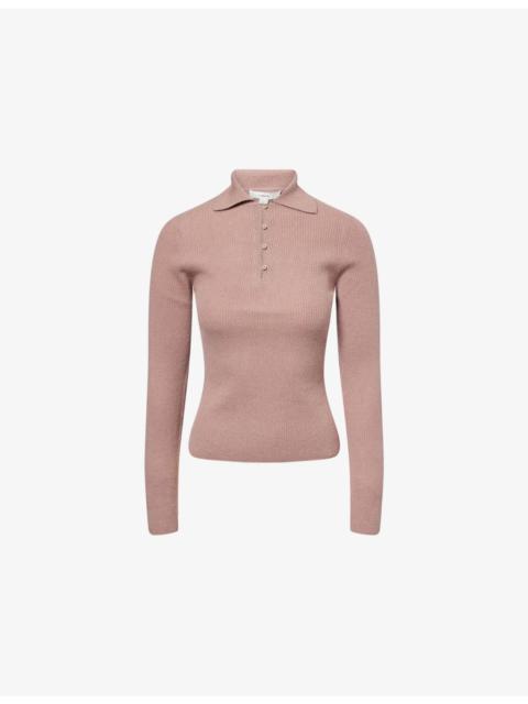 Vince Ribbed Long-Sleeves Cashmere And Silk Polo Top
