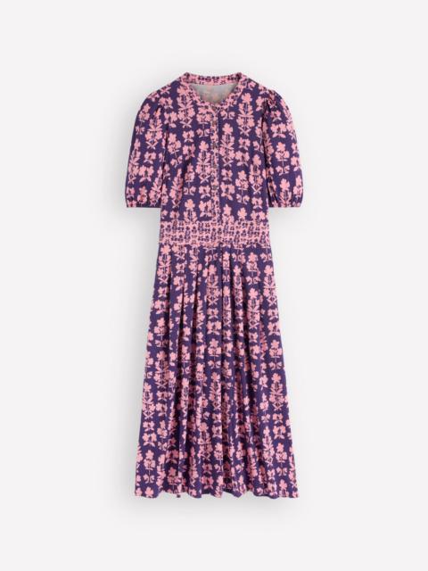 BODEN Amber Pleat Jersey Midi Dress-Calla Lilly, Blossom Grove