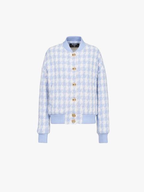 White and pale blue houndstooth-patterned tweed bomber jacket